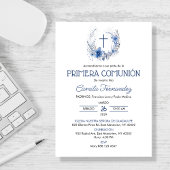 プリメラCOMUNION青い花の最初の聖餐式 招待状