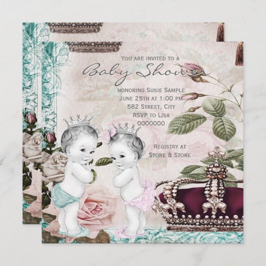 プリンスとプリンセスツインベビーシャワー 招待状 (正面/裏面)