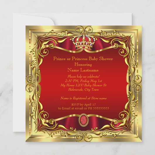 プリンスまたはプリンセスベビーシャワーレッド金ゴールド 招待状 (裏面)