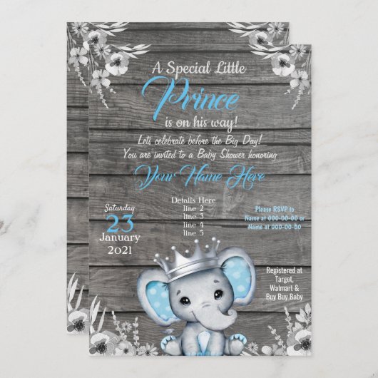 プリンスエレファントベビーシャワー招待状シルバーブルー 招待状 (正面/裏面)