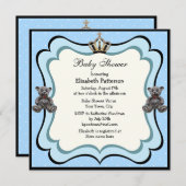 プリンスクラウン&テディベア宝石ボーイベビーシャワー 招待状 (正面/裏面)