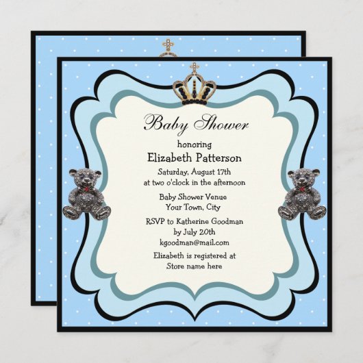 プリンスクラウン&テディベア宝石ボーイベビーシャワー 招待状 (正面/裏面)