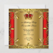 プリンスファースト1歳の誕生日ボーイレッド金ゴールドクラウン 招待状 (裏面)
