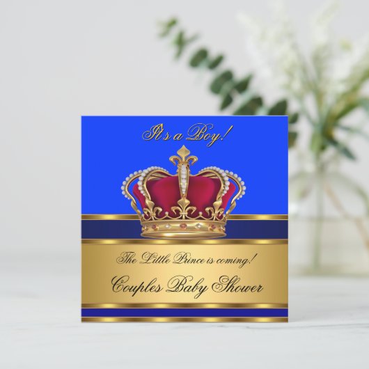 プリンスブルー王室のボーイベビーシャワークラウン 招待状 (スタンド正面)