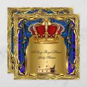 プリンスブルー王室のボーイベビーシャワーリーガルレッド金ゴールド 招待状 (正面/裏面)