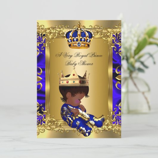 プリンスブルー王室のボーイベビーシャワーRegal金ゴールド2 招待状 (スタンド正面)