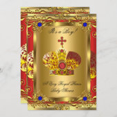 プリンスブルー王室のリーガルレッドボーイベビーシャワー金ゴールドA 招待状 (正面/裏面)