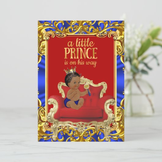 プリンスブルー王室のレッド玉座ベビーシャワーエスニック 招待状 (スタンド正面)