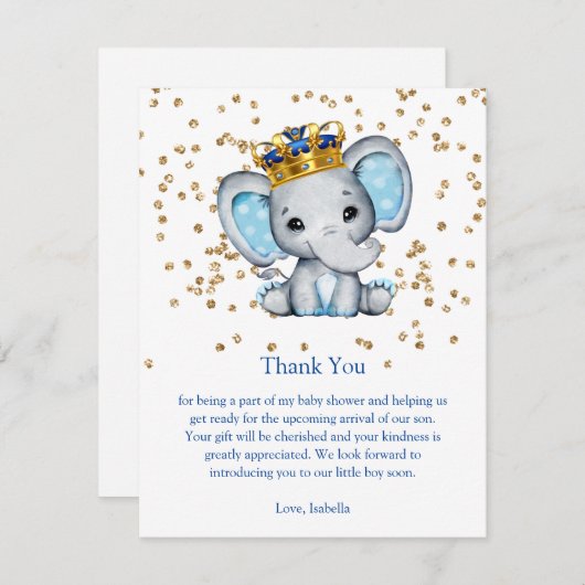 プリンスブルー王室の金ゴールドゾウ男の子ベイビーシャワー 招待状 (正面/裏面)
