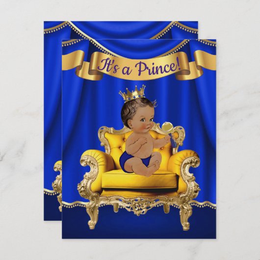 プリンスブルー王室の金ゴールドベビーシャワー招待状 招待状 (正面/裏面)