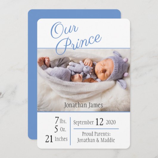 プリンスブルー男の赤ちゃんエレガントフォトネーム誕生 案内状 (正面/裏面)