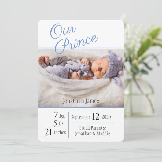 プリンスブルー男の赤ちゃんエレガントフォトネーム誕生 案内状 (スタンド正面)