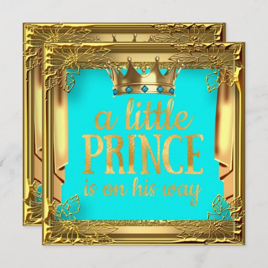 プリンスベビーシャワーターコイズティール(緑がかった色)ブルー 招待状 (正面/裏面)