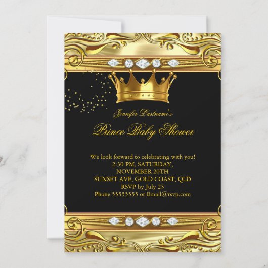 プリンスベビーシャワーブラック金ゴールドふりかける民族 招待状 (裏面)