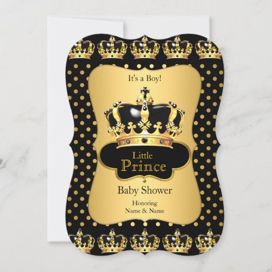 プリンスベビーシャワーブラック金ゴールド水玉模様 招待状 (正面)