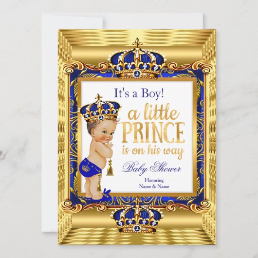 プリンスベビーシャワーブルー華美金ゴールドクラウン 招待状 (正面)