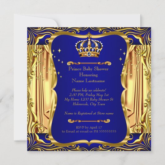 プリンスベビーシャワーブルー金ゴールドエスニックボーイ招待状 招待状 (裏面)