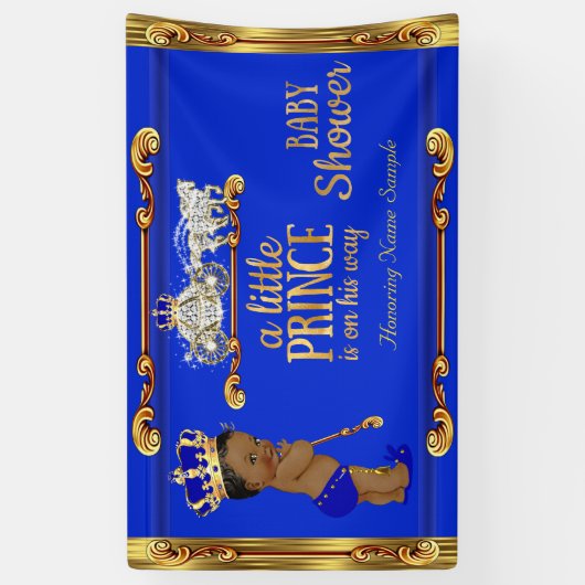 プリンスベビーシャワーブルー金ゴールドキャリッジエスニック 横断幕 (縦)