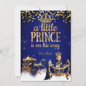 プリンスベビーシャワーブルー金ゴールドキャリッジグリッター 招待状 (正面)