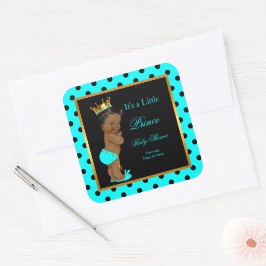プリンスベビーシャワーボーイティール（緑がかった色）ブラックエスニック スクエアシール (封筒)