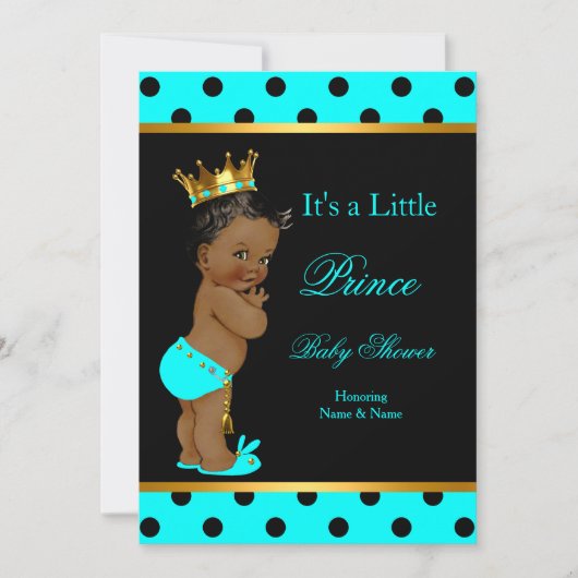プリンスベビーシャワーボーイティール(緑がかった色)ブラックエスニック 招待状 (正面)