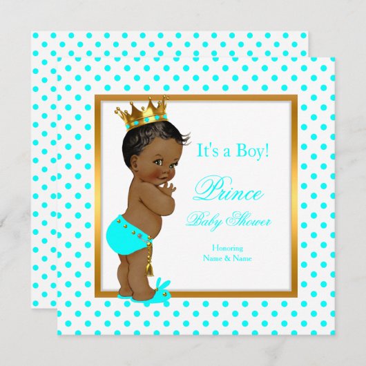プリンスベビーシャワーボーイティール（緑がかった色）水玉模様エスニック 招待状 (正面/裏面)