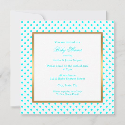 プリンスベビーシャワーボーイティール（緑がかった色）水玉模様エスニック 招待状 (裏面)