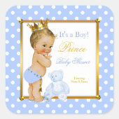 プリンスベビーシャワーボーイブルー水玉模様ブロンド スクエアシール (正面)