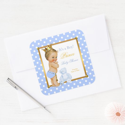 プリンスベビーシャワーボーイブルー水玉模様ブロンド スクエアシール (封筒)