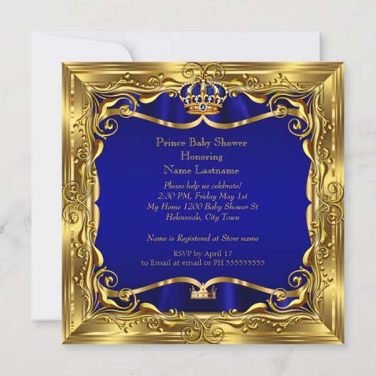 プリンスベビーシャワーボーイブルー華美金ゴールド 招待状 (裏面)