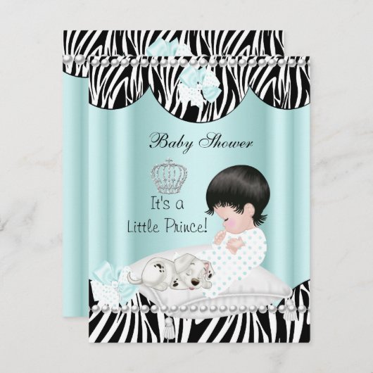 プリンスベビーシャワーボーイミントティール(緑がかった色)ブルーゼブラ 招待状 (正面/裏面)