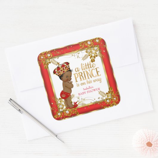 プリンスベビーシャワーボーイレッド金ゴールドホワイトエスニック スクエアシール (封筒)