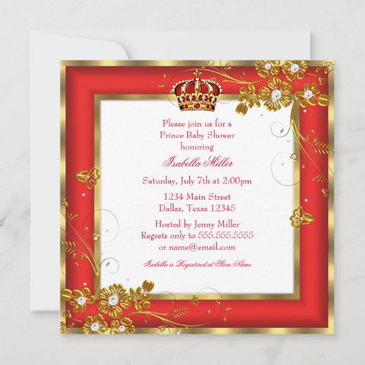 プリンスベビーシャワーボーイレッド金ゴールドホワイトエスニック 招待状 (裏面)