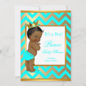 プリンスベビーシャワーボーイ金ゴールドティール(緑がかった色)ブルーエスニック 招待状 (正面)