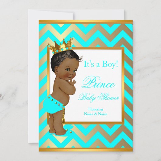 プリンスベビーシャワーボーイ金ゴールドティール(緑がかった色)ブルーエスニック 招待状 (正面)