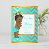 プリンスベビーシャワーボーイ金ゴールドティール(緑がかった色)ブルーエスニック 招待状 (スタンド正面)