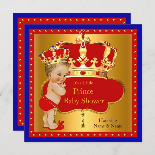 プリンスベビーシャワーレッド王室のブルーボーイクラウンブロンド 招待状 (正面/裏面)