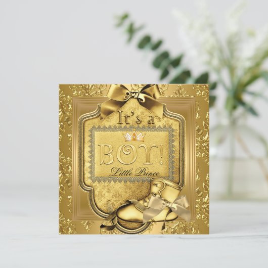 プリンスベビーシャワー男の赤ちゃんエリートダマスク金ゴールド2 招待状 (スタンド正面)