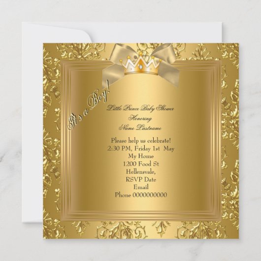 プリンスベビーシャワー男の赤ちゃんエリートダマスク金ゴールド2 招待状 (裏面)