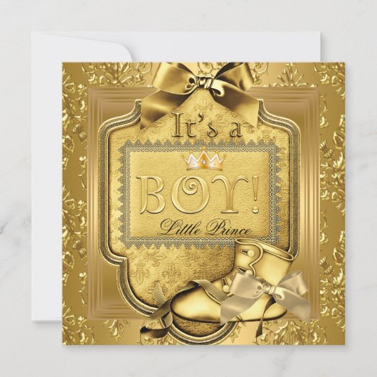 プリンスベビーシャワー男の赤ちゃんエリートダマスク金ゴールド2 招待状 (正面)