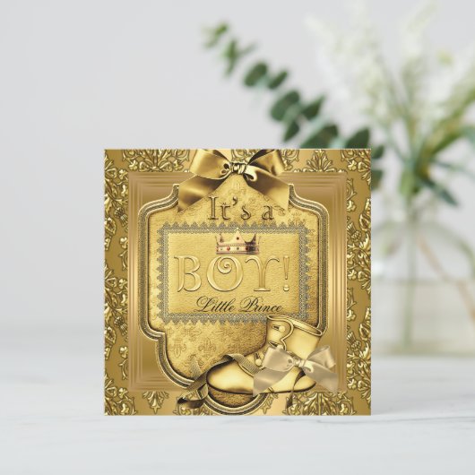 プリンスベビーシャワー男の赤ちゃんエリートダマスク金ゴールド 招待状 (スタンド正面)