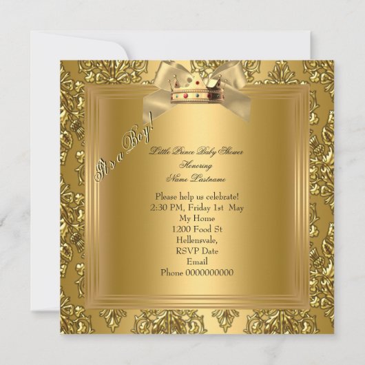 プリンスベビーシャワー男の赤ちゃんエリートダマスク金ゴールド 招待状 (裏面)