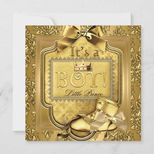 プリンスベビーシャワー男の赤ちゃんエリートダマスク金ゴールド 招待状 (正面)