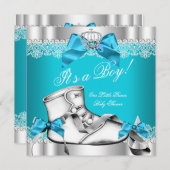 プリンスベビーシャワー男の赤ちゃんティール(緑がかった色)レースシューズ6D 招待状 (正面/裏面)