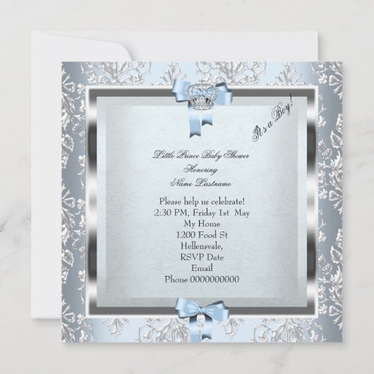 プリンスベビーシャワー男の赤ちゃんブルーダマスククラウン4F 招待状 (裏面)