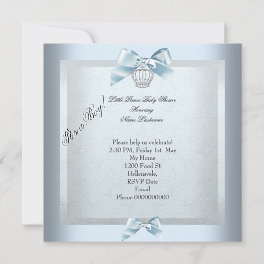 プリンスベビーシャワー男の赤ちゃんブルーダマスクシューズ 招待状 (裏面)