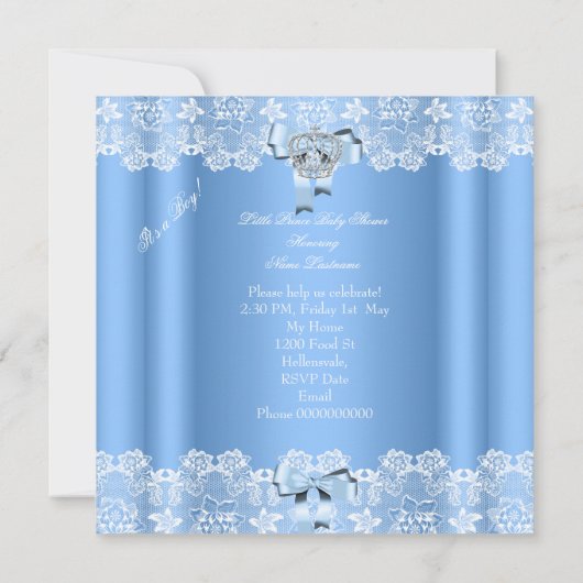 プリンスベビーシャワー男の赤ちゃんブルーレースシューズ6a 招待状 (裏面)