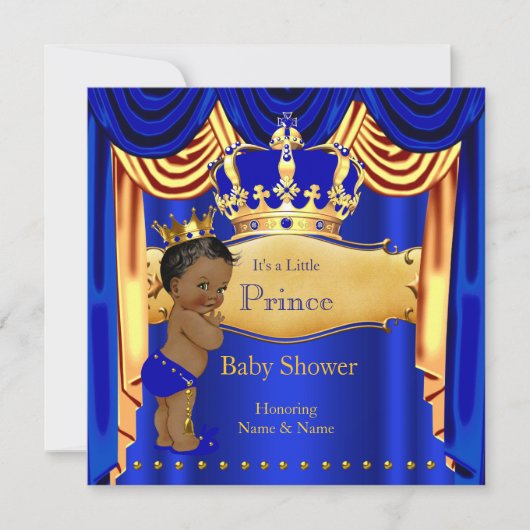 プリンスベビー王室のシャワーブルー金ゴールドクラウンエスニック 招待状 (正面)