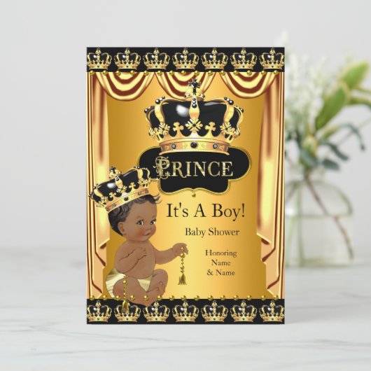 プリンスベビー王室のシャワー黒金ゴールド民族少年 招待状 (スタンド正面)