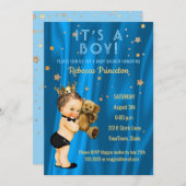 プリンスボーイベビーシャワー招待状ブルー金ゴールドスターズ 招待状 (正面/裏面)